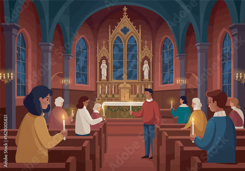 People Holding Lit Candles in Church Celebrating Religious Ceremony Illustration.