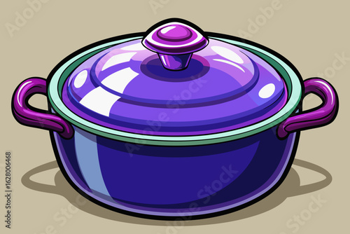 vector of First class cast iron pot with purple handle and Pyrex or glass top with clear background.