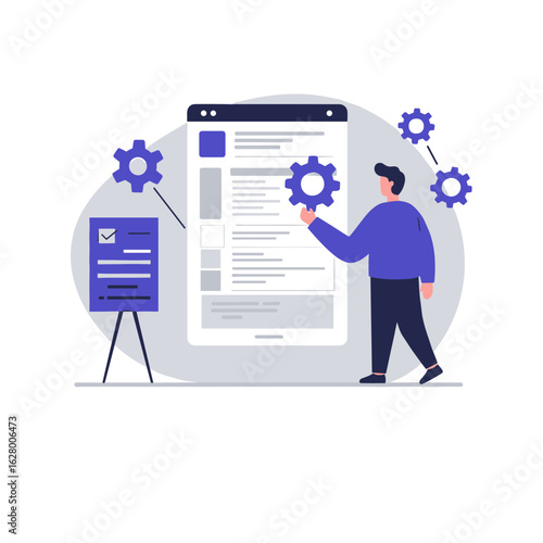 Man adjusting settings on smartphone interface with gears  