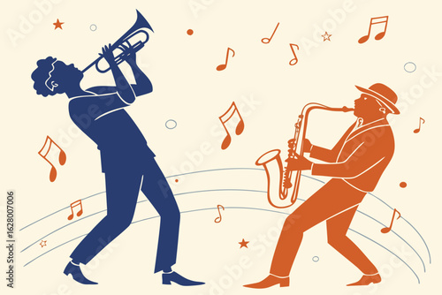 Rhythmic harmony of a jazz duo. An artistic illustration of a trumpeter and saxophonist performing live music.