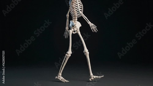 A 3D illustration of the human skeletal system in a walking motion. Anatomical concept of human body biomechanics and the study of gait.