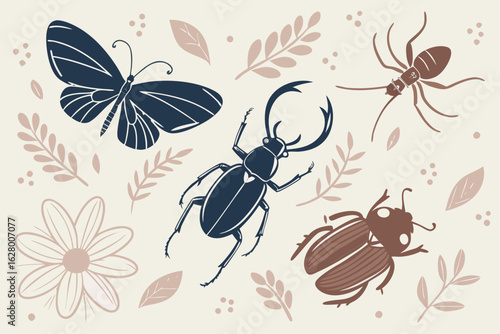 Hand-drawn entomology collection featuring a butterfly, stag beetle, ant, and other insects with decorative botanical elements.