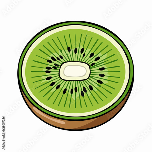 Cartoon-style Illustration of a Kiwi Fruit Slice with Detailed Seeds and Green Flesh
