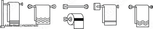 Bathroom fixture icon set vector illustration, minimalist towel racks, toilet paper holder, CAD-style home interior detail silhouette