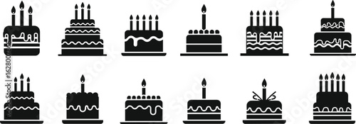 Cad drawing flat vector illustration, birthday cake icons set, celebration dessert silhouettes, black white design, festive party sweets symbols