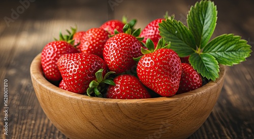 Fresh strawberries in a wooden bowl on a rustic wooden surface, close up view