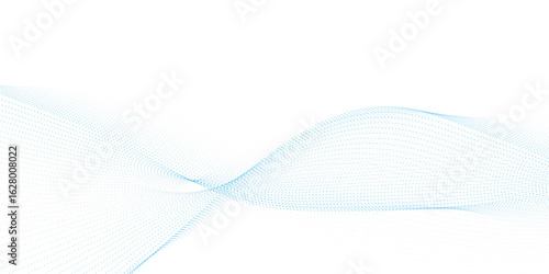 Dynamic particle waves in a blue halftone a flowing dot curve against a white backdrop, embodying technology, sound, music, and modern aesthetics. technology, science, innovation concepts