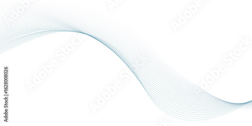 Blue dotted wave line pattern. Flowing dot particles wave pattern halftone black gradient smooth curve shape isolated on transparent background.	