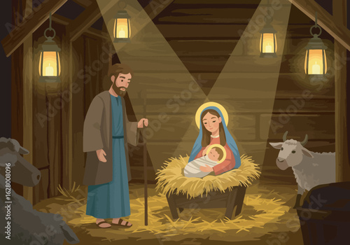 Nativity Scene Depicting Mary Baby Jesus and Joseph in Stable.