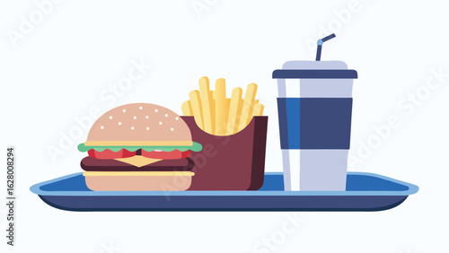 Illustration of a burger fries and a drink on a blue tray representing a fast food meal set up nicely