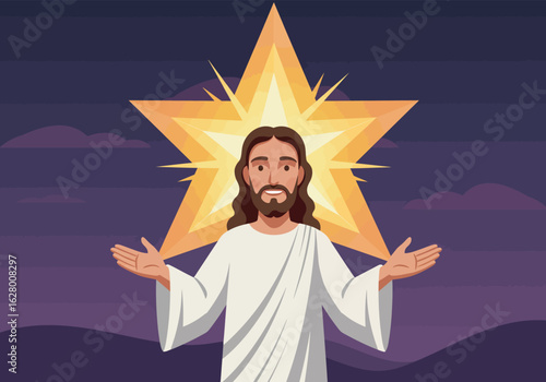 Jesus Christ Depiction: Welcoming Pose Long Brown Hair White Robe Radiant Star.