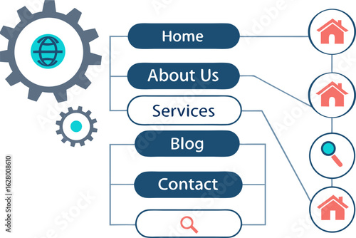 Illustration of a hierarchical structure with multiple windows connected by lines and icons present
