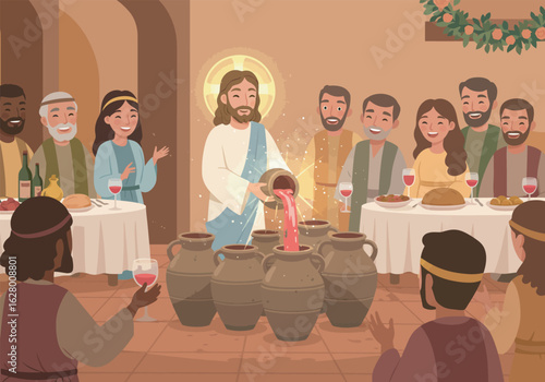 Jesus Transforming Water into Wine at a Wedding Feast.