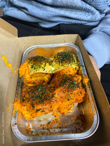 Takeaway Concept Shumay Dimsum with Japanese Mentai Sauce on Brown Package.