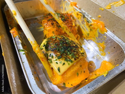 Takeaway Concept Shumay Dimsum with Japanese Mentai Sauce on Brown Package.