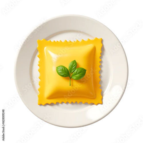 Colorful ravioli with green leaves on a white plate  