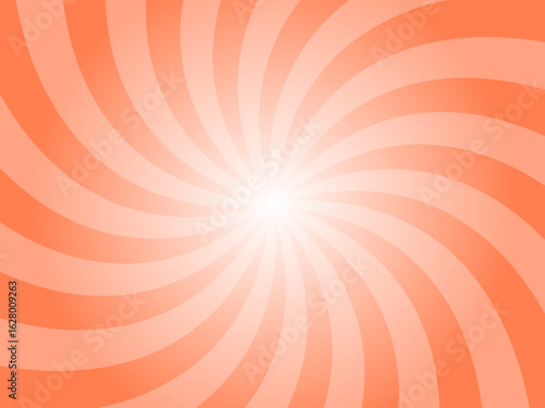 Coral orange sunburst background. Yellow radial retro glowing rays banner. Abstract retro whirlwind starburst vector abstract background. Twisted radial illustration.