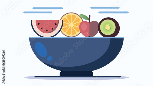 Illustration of a bowl filled with various fruits including watermelon orange apple and kiwi fruit in a bowl