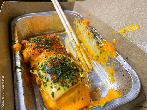 Takeaway Concept Shumay Dimsum with Japanese Mentai Sauce on Brown Package.