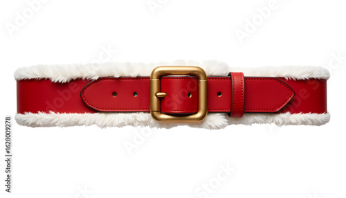 Red Santa belt with white fur trim and gold buckle  