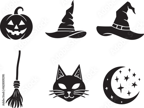 Spooky Halloween icons black silhouette pumpkin cat moon