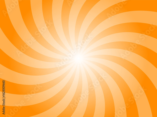 Dark orange sunburst background. Yellow radial retro glowing rays banner. Abstract retro whirlwind starburst vector abstract background. Twisted radial illustration.