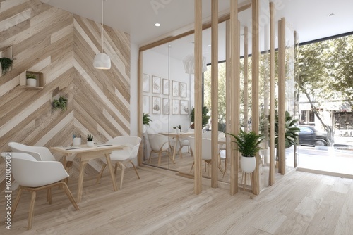 Light, airy cafe interior with wooden accents