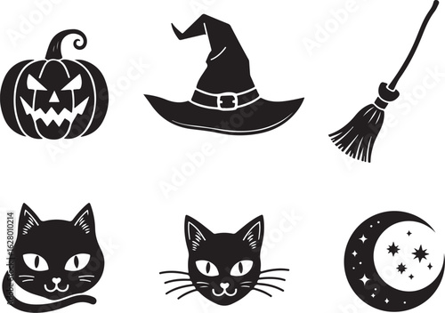 Spooky Halloween icons: pumpkin, cats, witch hat, broom, moon
