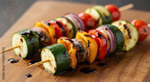 Grilled vegetable skewers with balsamic glaze on a wooden cutting board