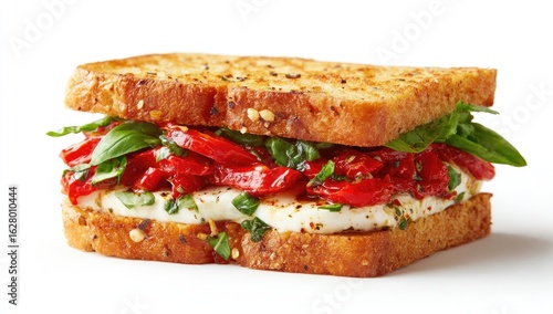 Toasted sandwich with roasted red peppers, mozzarella, and basil