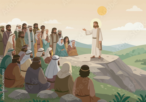 Jesus Preaching to a Crowd Standing on a Rocky Hillside Teaching.