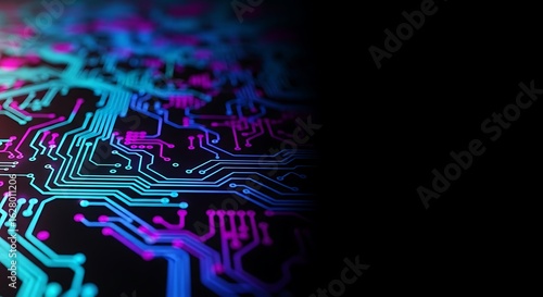 Circuit board graphic with vibrant colors and black background