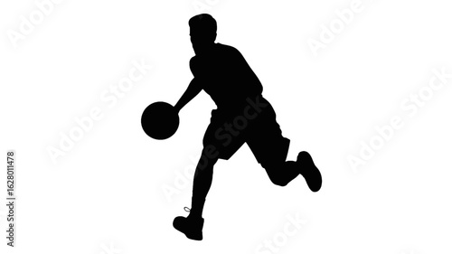 Silhouette of a basketball player dribbling a ball