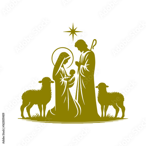 Faith-Based Nativity SVG Vector Art – Peaceful Christmas Silhouette of Mary, Joseph and Baby Jesus in Stable with Radiating Star
