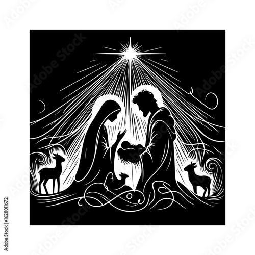 Christmas Nativity Scene SVG with Baby Jesus, Mary, and Joseph in Stable – Black Silhouette Vector Art for Holiday Crafts