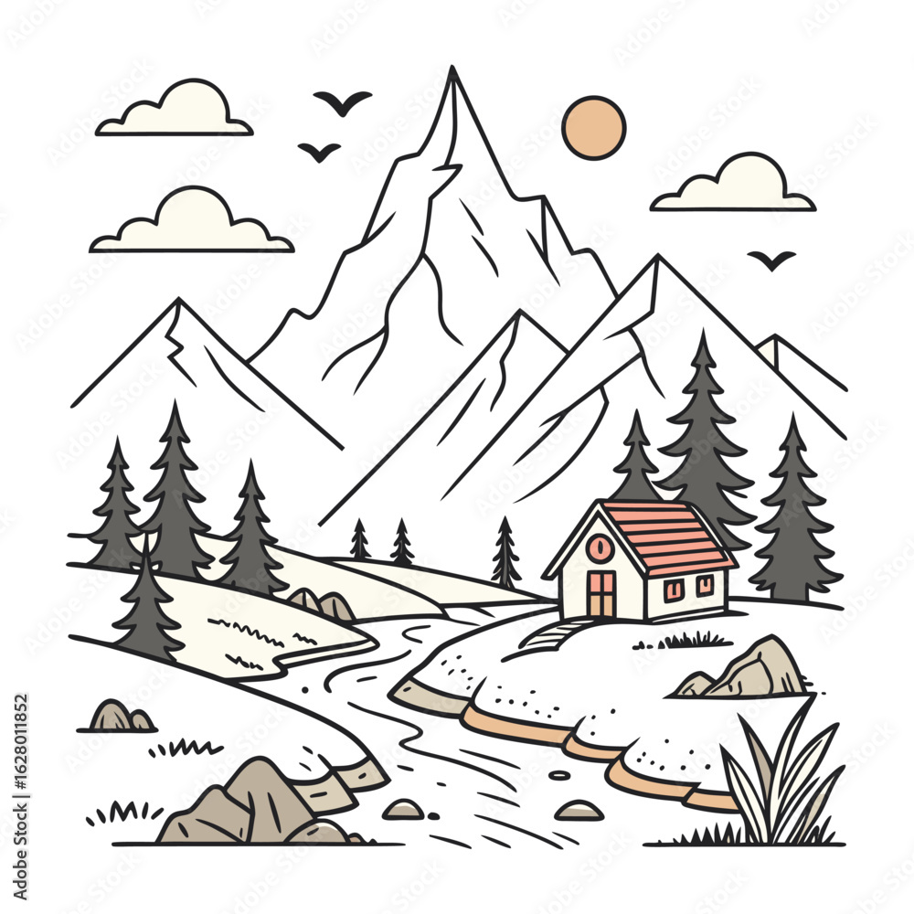 Obraz premium Mountain Cabin by the River Tranquil Nature Scene
