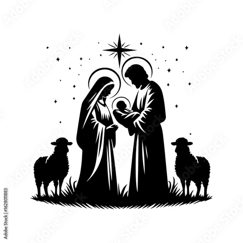 Christmas Nativity Scene SVG with Baby Jesus, Mary, and Joseph in Stable – Black Silhouette Vector Art for Holiday Crafts