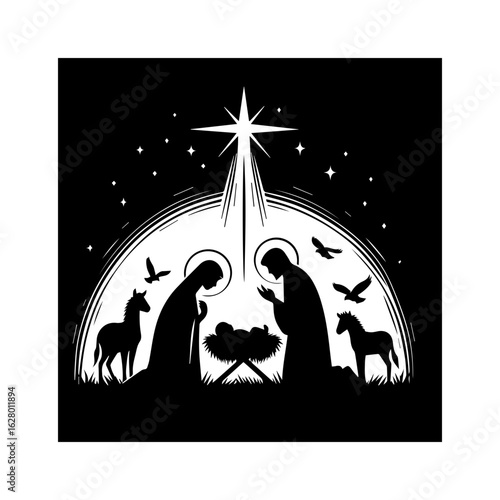 Christmas Nativity Scene SVG with Baby Jesus, Mary, and Joseph in Stable – Black Silhouette Vector Art for Holiday Crafts