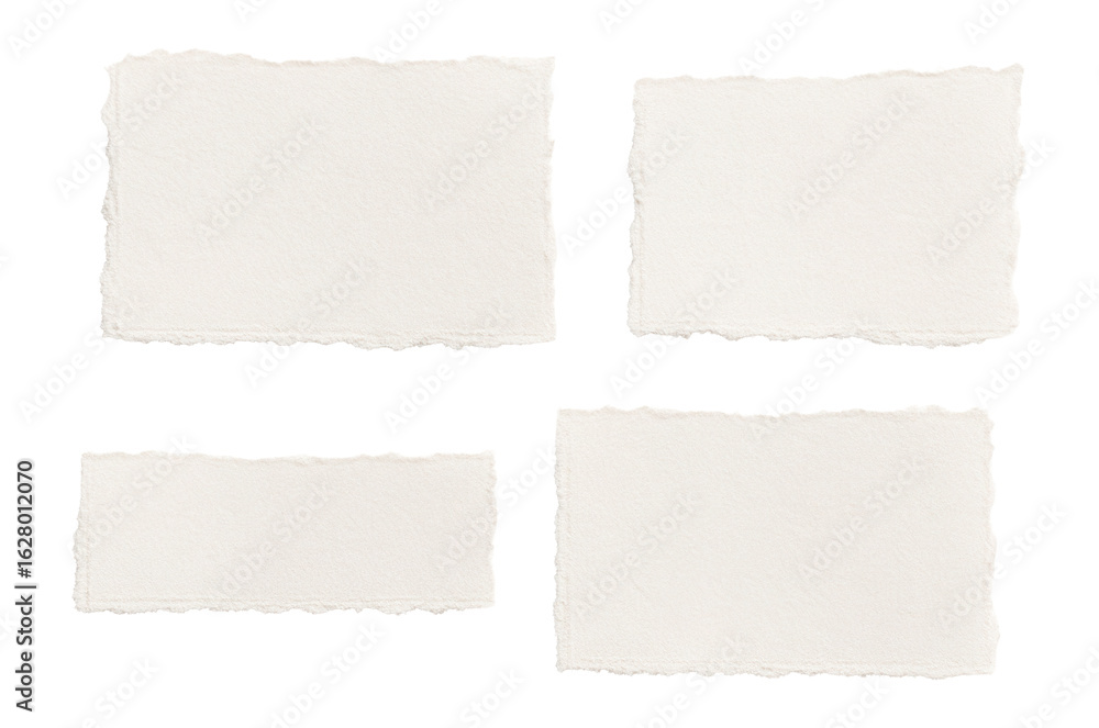 Obraz premium Four pieces of textured torn paper with rough edges on transparent background.