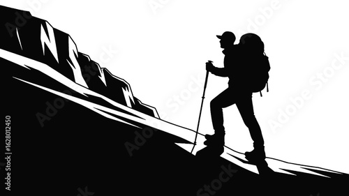 Silhouette of hiker ascending a mountain slope climbing