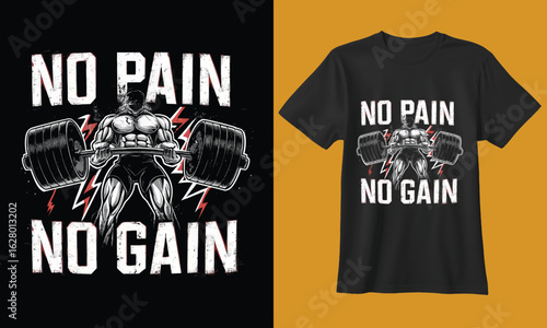 Powerful motivational gym workout design featuring a muscular bodybuilder and the slogan no pain no gain