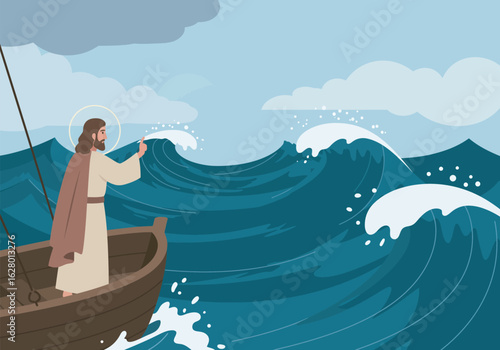 Jesus Christ Calming the Storm Long Brown Hair Beige Robe Brown Cloak Calm Pose.