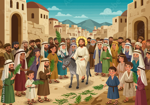 Jesus Christ Riding Donkey Surrounded by People Palm Sunday Celebration.