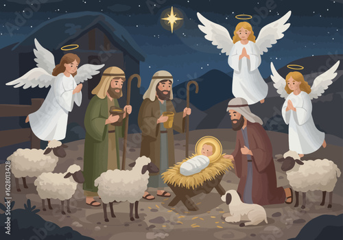 Nativity Scene with Baby Jesus Shepherds Angels and Sheep Illustration.