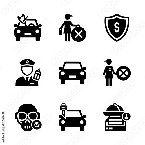 Traffic Safety, Car Insurance, and Driving Law Icons Set