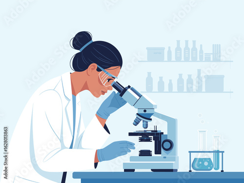 Female scientist in lab coat using a microscope in a laboratory setting woman