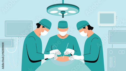Medical team performing surgery with surgical lights and equipment surgical team operation