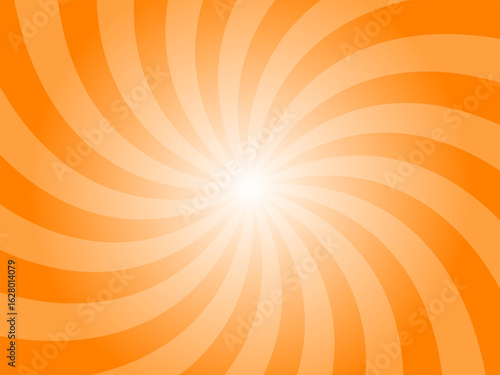 Vivid orange sunburst background. Yellow radial retro glowing rays banner. Abstract retro whirlwind starburst vector abstract background. Twisted radial illustration.