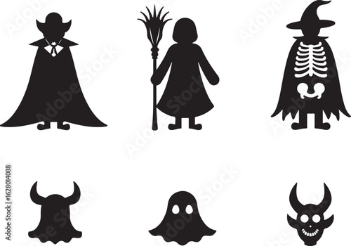 Spooky Halloween silhouettes: vampire, witch, ghost, demon, monster