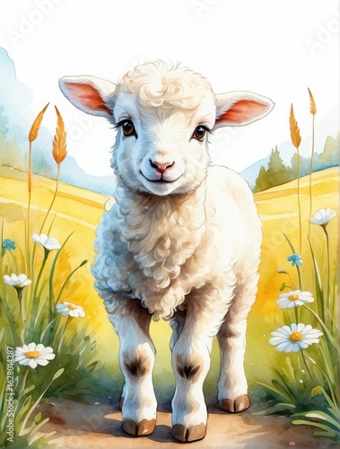 Cute lamb on the meadow. Watercolor illustration for children.